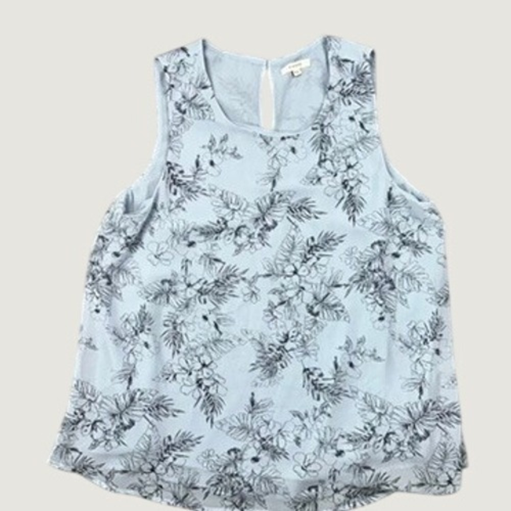 Pleione Floral Sleeveless Blouse Womens Medium Blue Tropical Keyhole Back